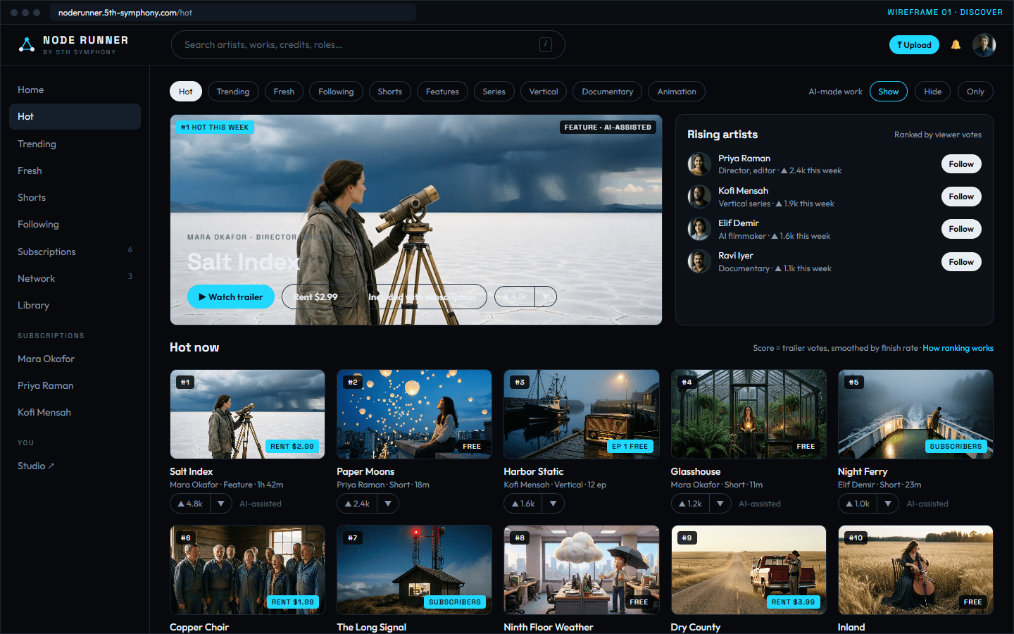 Node Runner discover feed wireframe with Hot, Trending and Fresh tabs and vote counts