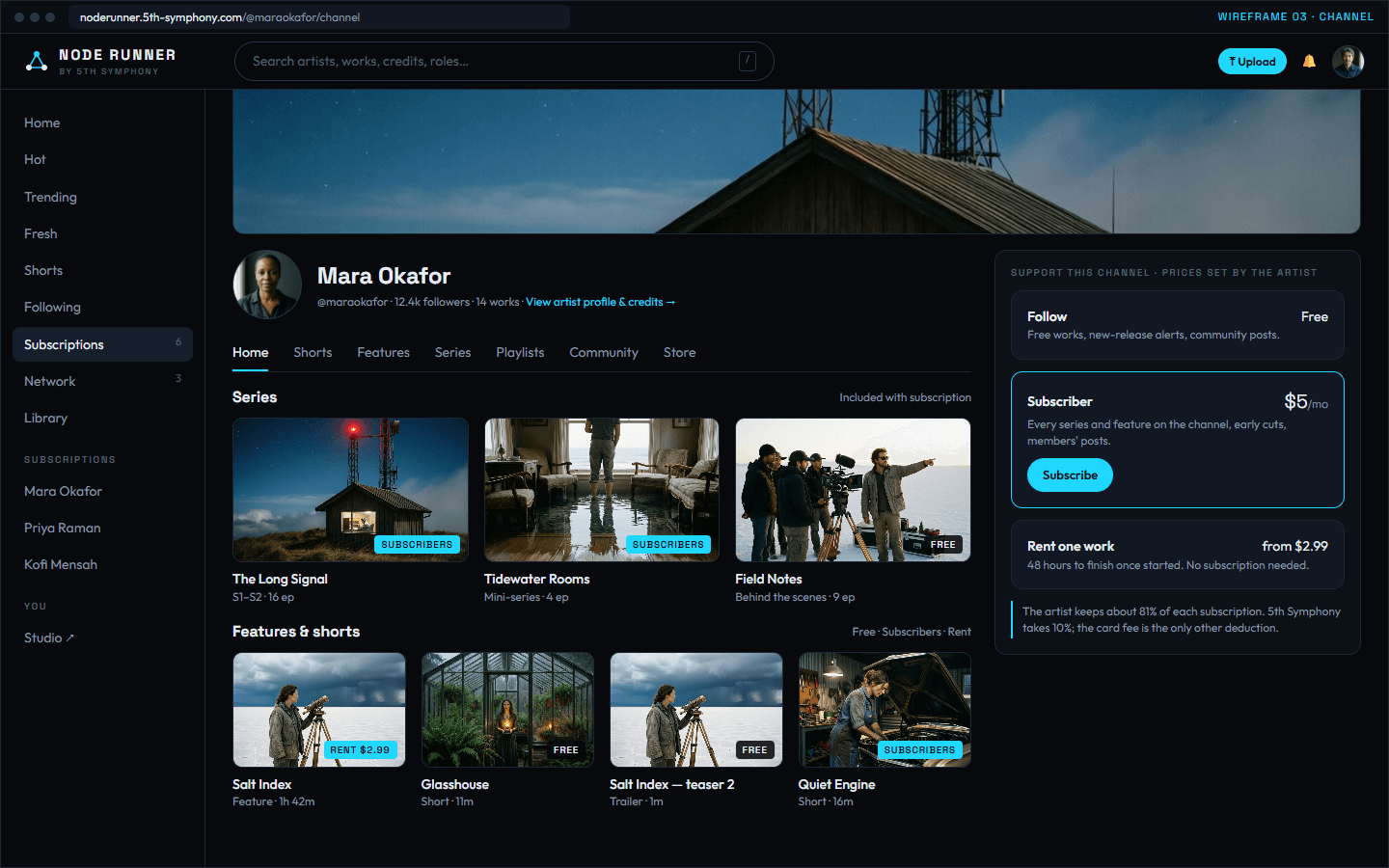 Node Runner artist channel wireframe with series, features and subscription tiers