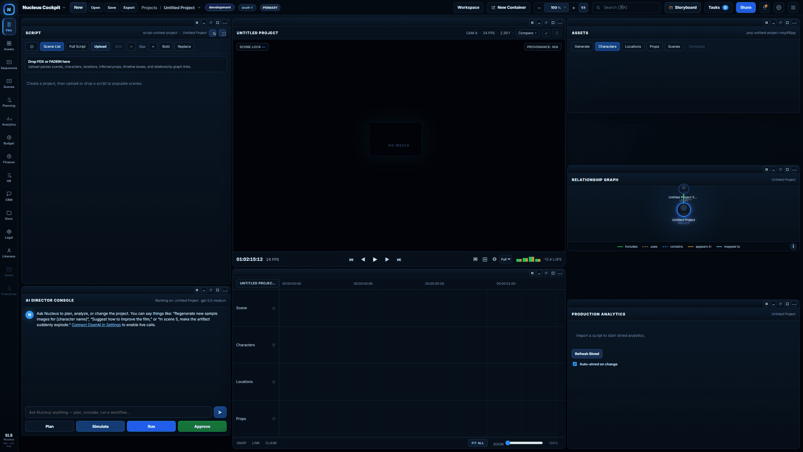 Nucleus cinematic cockpit with script, monitor, timeline, assets, relationship graph and AI console